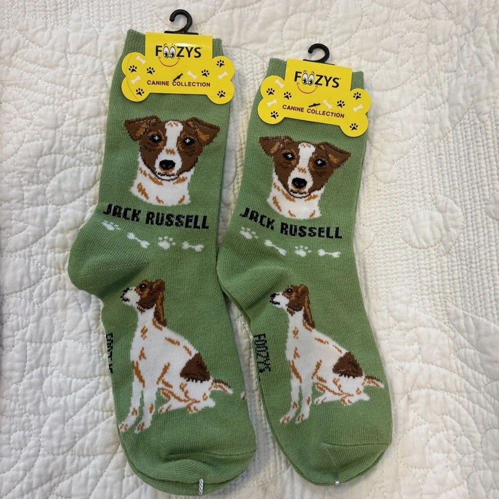 Foozy's Canine Collection Jack Russell Socks SZ 9-11 Green PolyBlend Lot of 2